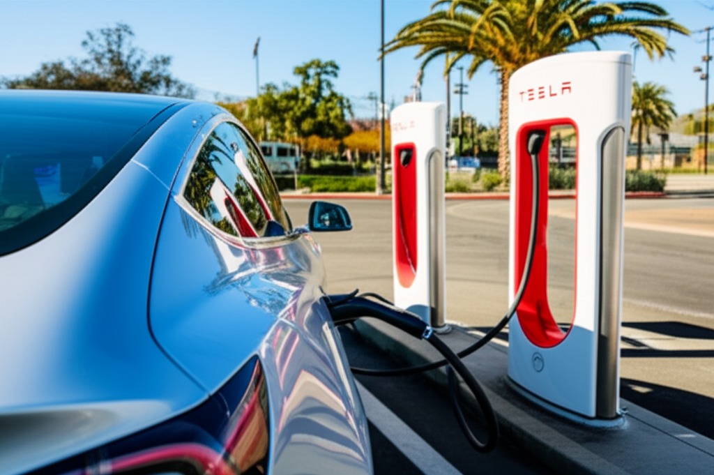 Generate a high-quality, relevant image prompt for an article about: Magic Dock Tesla Supercharger C